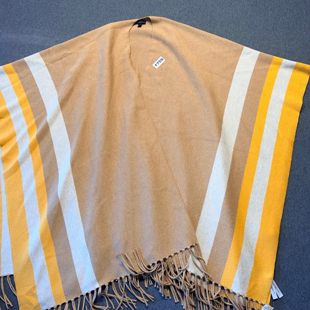 Talbots Striped Knit Poncho Camel Yellow Cream Fringe Open Front One Size